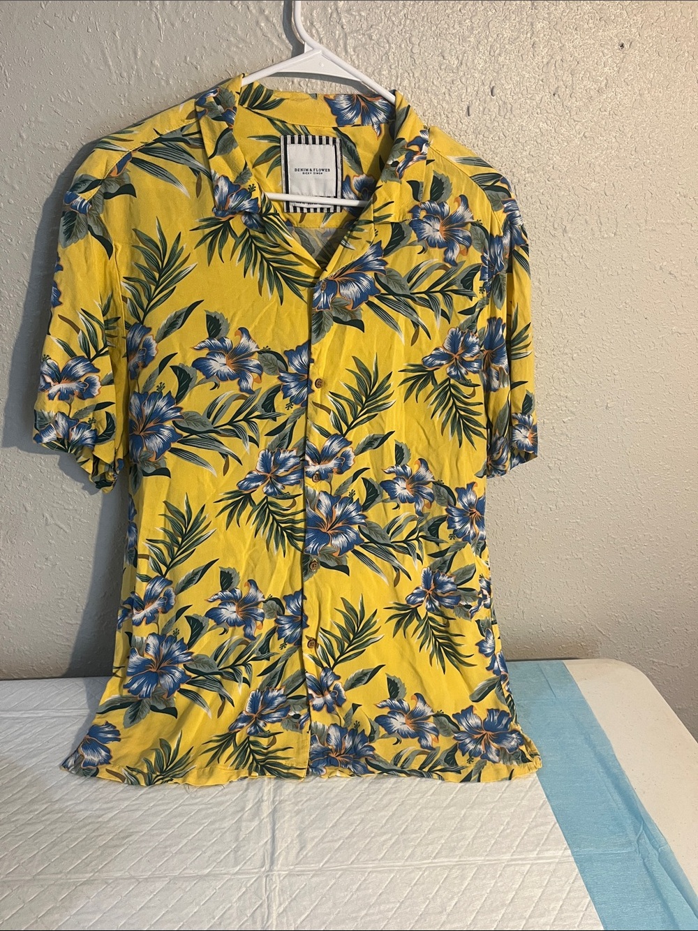 Denim & Flower Yellow Floral Camp Shirt with Blue and Green Print